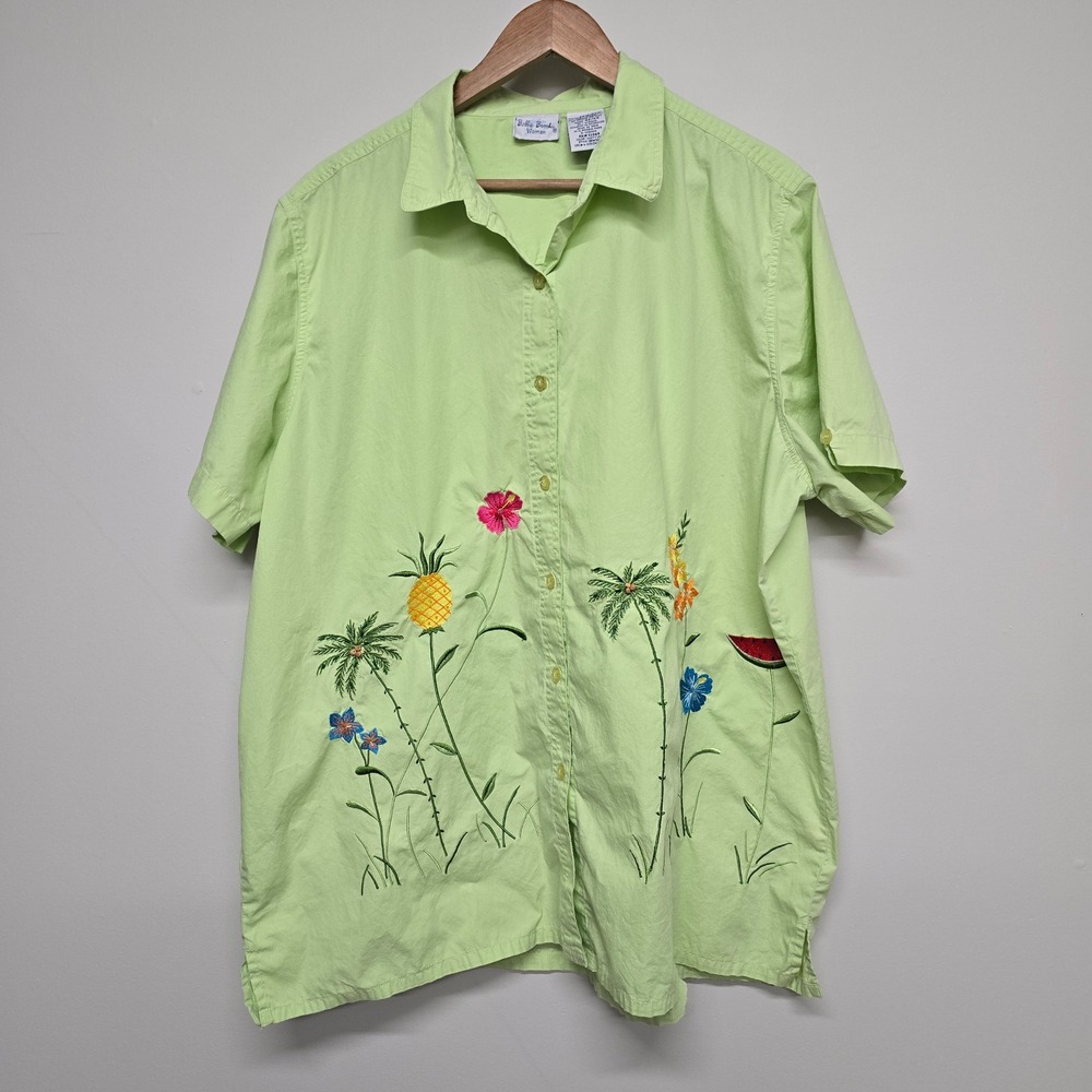 Bobbie Brooks Tropical Embroidered Shirt Woman 22W/24W Lime Green Cotton Summer
